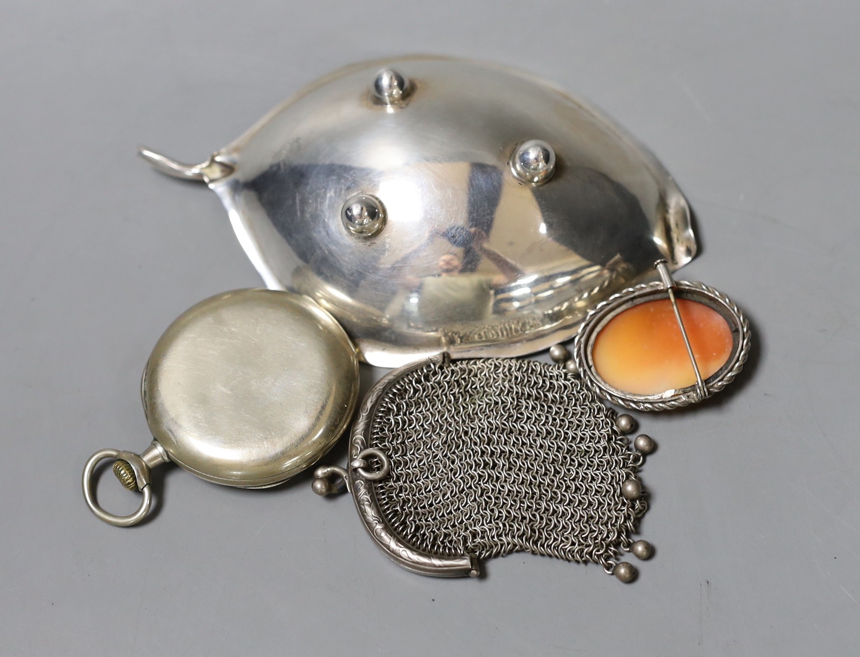 A modern sterling Sciarrotta leaf dish, 13.4cm,a nickel cased Omega open face pocket watch, a white metal and oval cameo shell set brooch and a chain mesh purse.